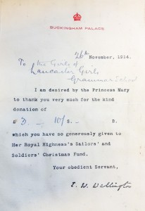 Letter from Queen Mary concerning fundraising efforts for the Sailors’ and Soldiers’ Christmas Fund, 1914