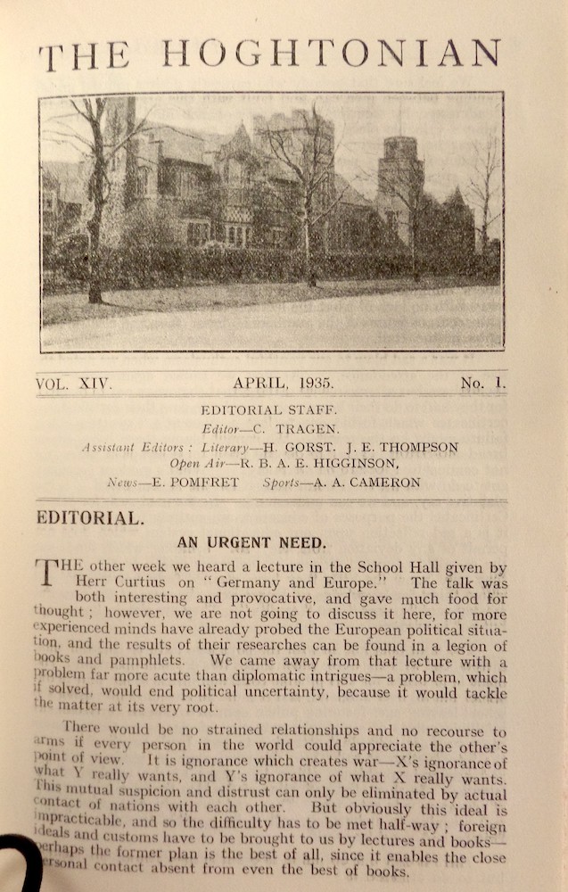 Editorial, The Hoghtonian, vol XIV, Apr 1935 Courtesy of Lancashire Archives, Archive ref: SMPR/66/9/1/1 & SMPR/66/9/1/2