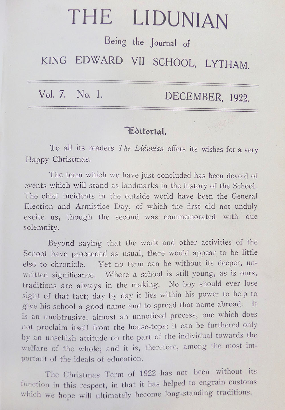 Editorial, The Lidunian 7 (1), 1922 Courtesy of AKS Independent School