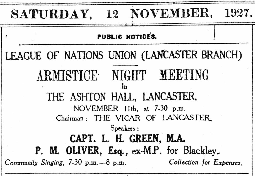 Front page advertisment for the Lancaster LNU 1927 Armistice Night meeting Lancaster Guardian, 12 Nov 1927