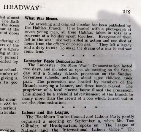 The Lancaster No More War demonstration was reported in the national LNU magazine Headway, Nov 1924. p.219. Archive ref: JX1975.A1, LSE Library