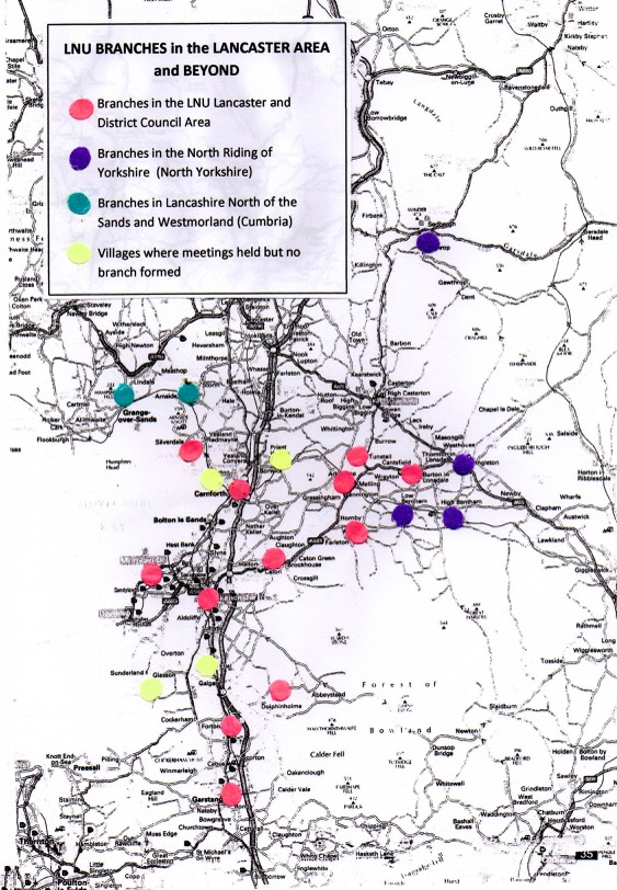 Map of LNU branches in the Lancaster LNU District Council area (with some others) © Janet Nelson