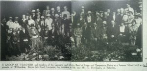 Muriel Dowbiggin and husband Ernest outside their home on Borrowdale Road, Lancaster, with teachers and the Lancaster Band of Hope and Temperance Union Lancaster Guardian, 25 Aug 1933