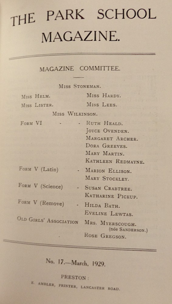 Park School Magazine No 17, Mar 1929 Courtesy of Lancashire Archives