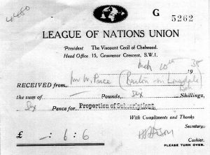 Receipt for proportion of subscriptions from the League of Nations Union, 10 Mar 1938, received from Burton-in-Lonsdale Branch Courtesy of Dr G. Price 