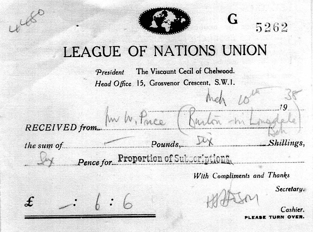 Receipt for proportion of subscriptions from the League of Nations Union, 10 Mar 1938, received from Burton-in-Lonsdale Branch Courtesy of Dr G. Price