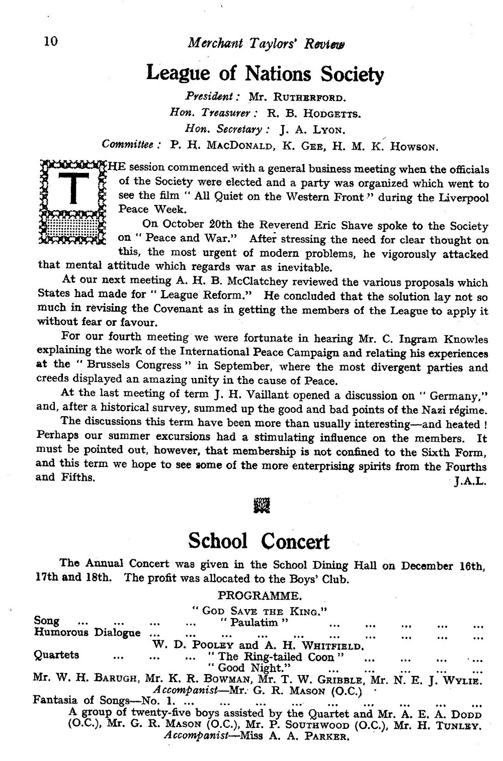 Report of League of Nations Society, Feb 1937 Courtesy of Merchant Taylors’ Boys’ School
